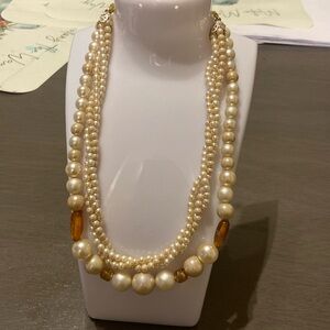 Vintage Japan Pearl and Amber Triple Strand  Necklace
